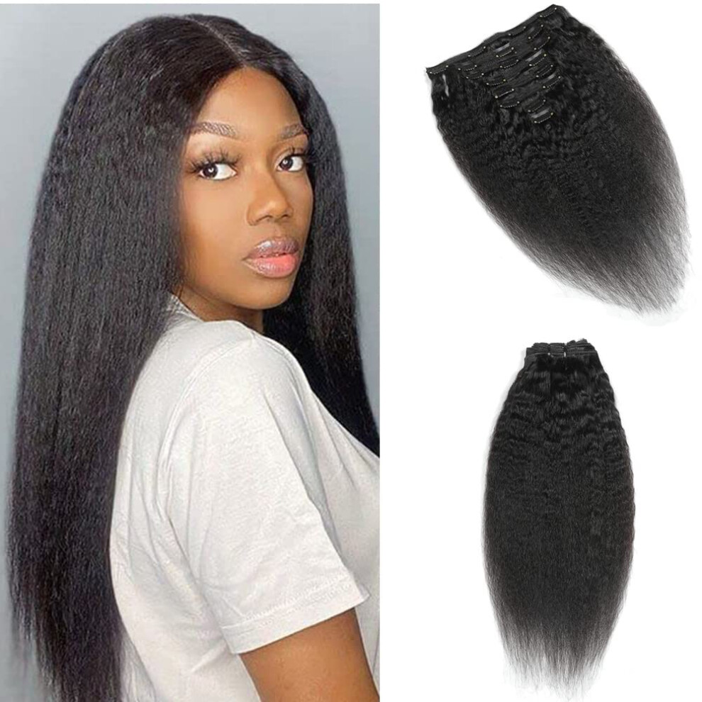 Kinky Straight Human Hair Clip in Extensions Full Head Natural Black Yaki Straight 8pcs 120g