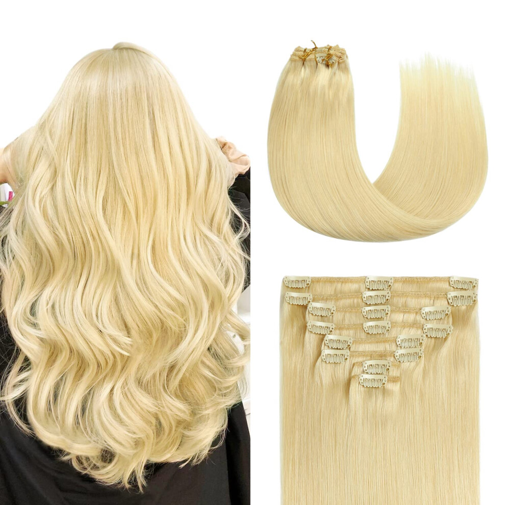 Unisex Clip In Human Hair Extensions 16 Inch #613 Bleach Blonde Double Weft 120G 8Pcs Instant Volume Boost