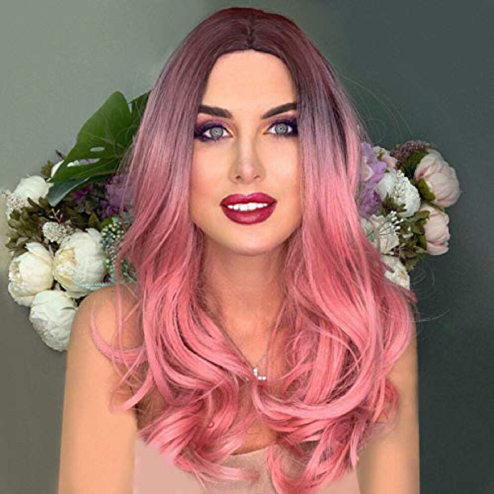 Synthetic Headband Wig Long Pink Curly Ombre Black to Pink Heat Resistant No Glue Easy Wear