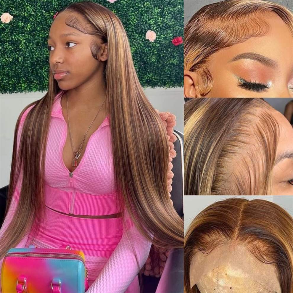 Unisex Hd Lace Front Wig 13X6 Ombre Highlight Brazilian Straight Human Hair 180% Density Pre Plucked