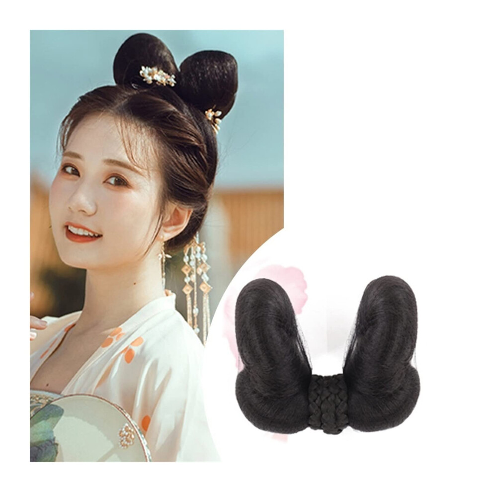Unisex Hanfu Hair Bun Synthetic Chinese Ancient Wig Curly Chignon Clip In Cosplay Headdress Vm17