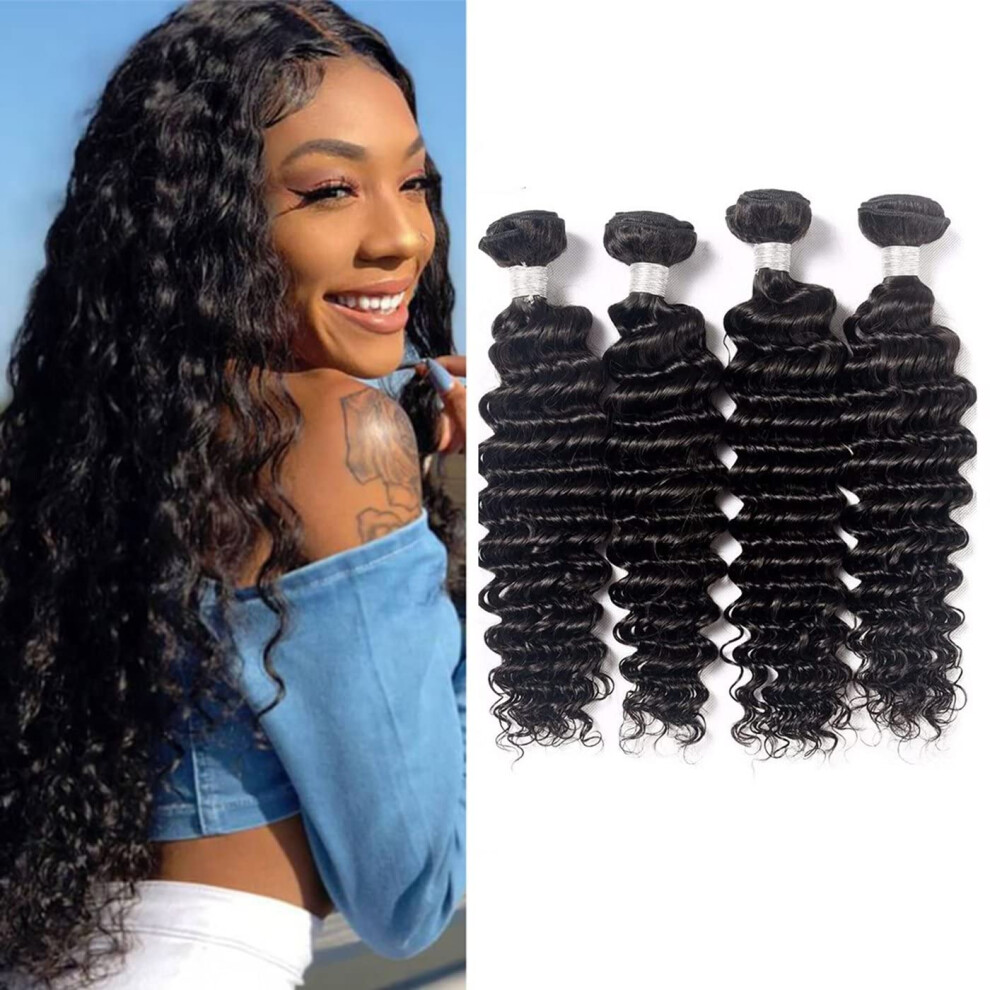 Unisex Brazilian Deep Wave 4 Bundles Virgin Human Hair Extensions 8A Grade Full Volume Bleach Dye Friendly