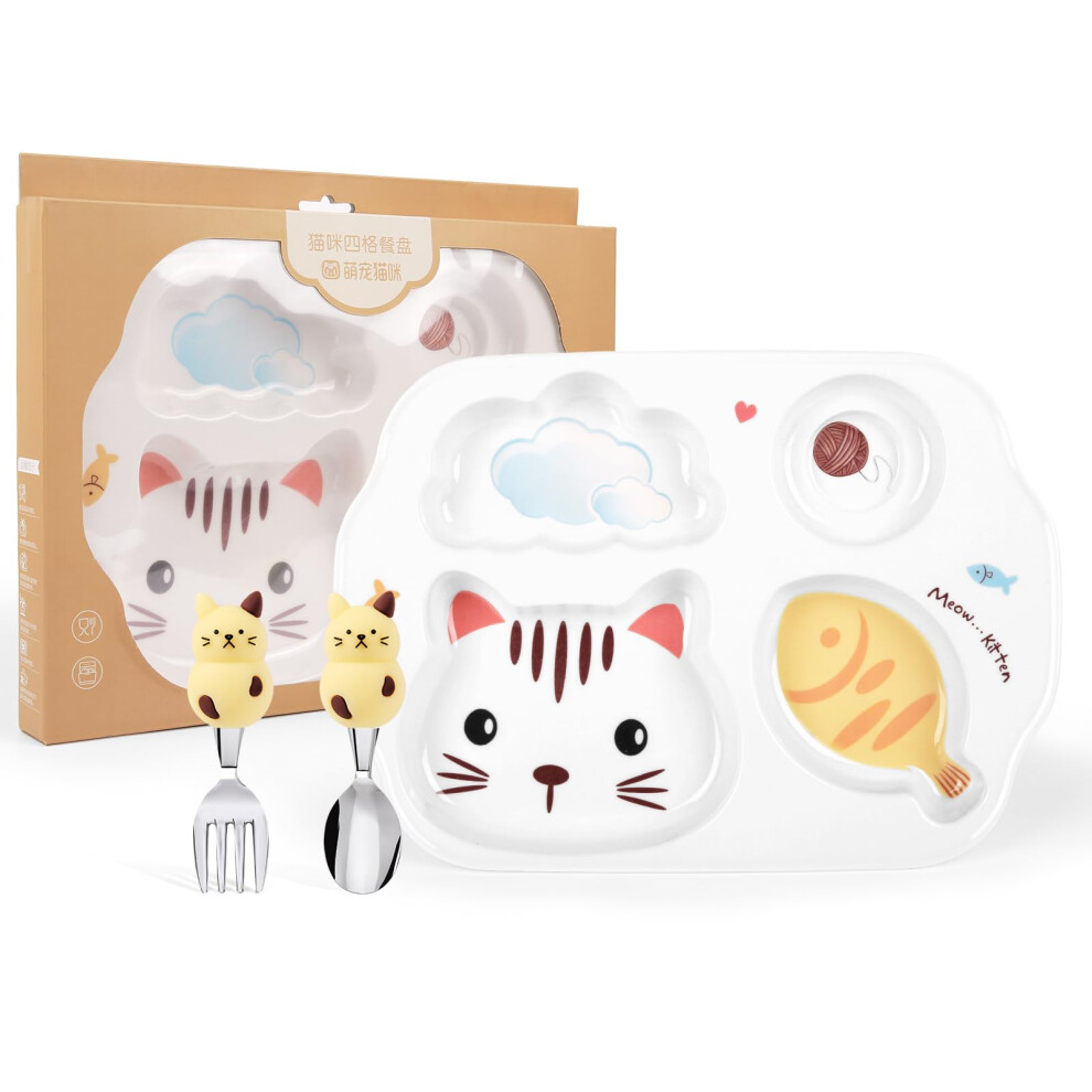 Cat Themed Toddler Plate Set, BPA  4Compartment Dinnerware with Spoon and Fork, Picky Eater Friendly