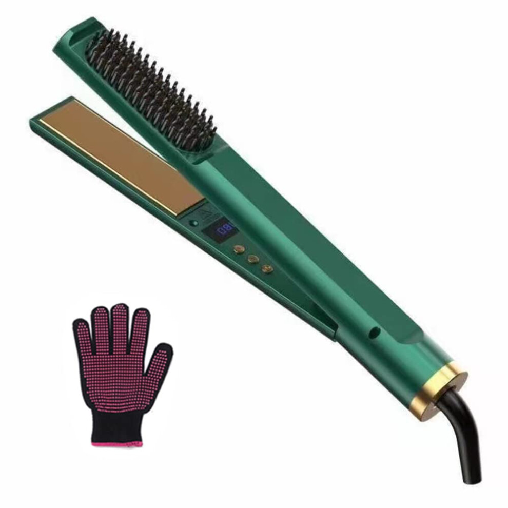 Green 3 In 1 Hair Straightener Curling Iron Ceramic Tourmaline Brush With Lcd Display Antiscald