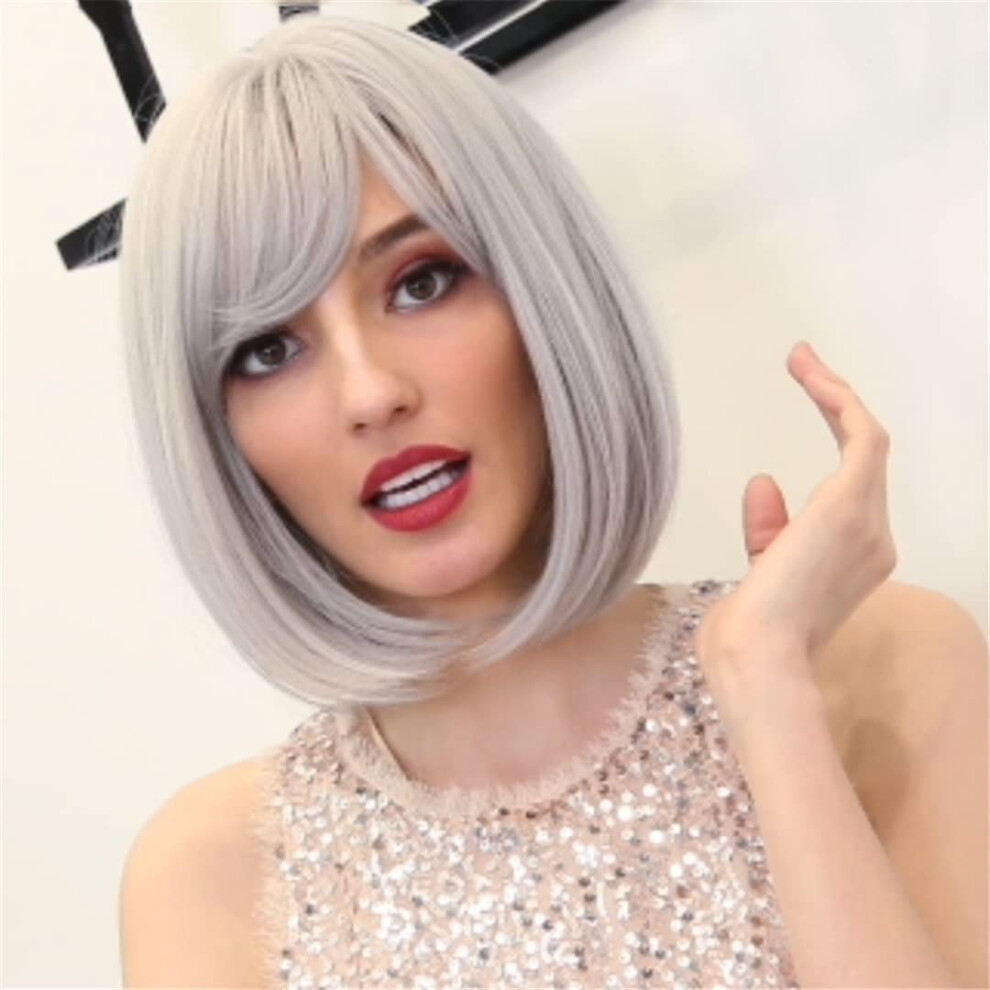 Short Grey Bob Wig 12 Inch NaturalLooking HeatResistant Synthetic Lace for Women