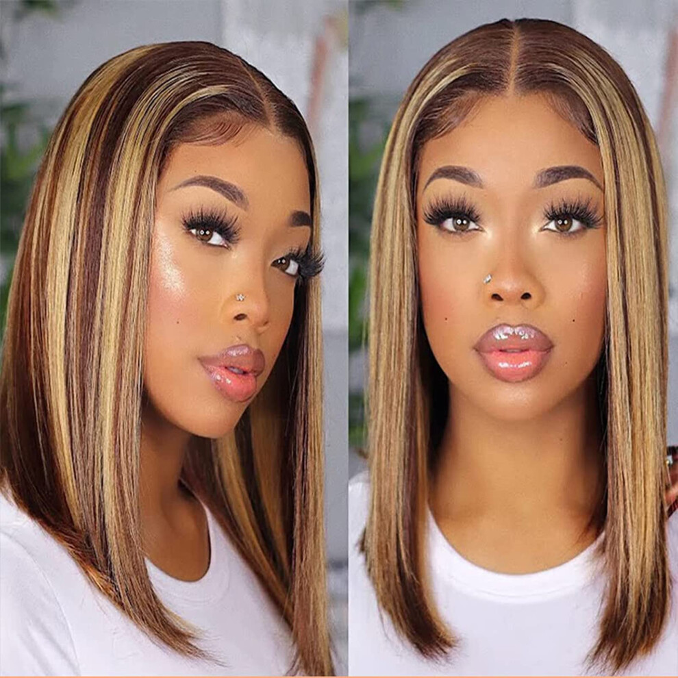 Unisex Human Hair Bob Wig Ombre Honey Blonde Highlight Glueless Pre Plucked 13X4 Hd Lace Front Wig 150% Density