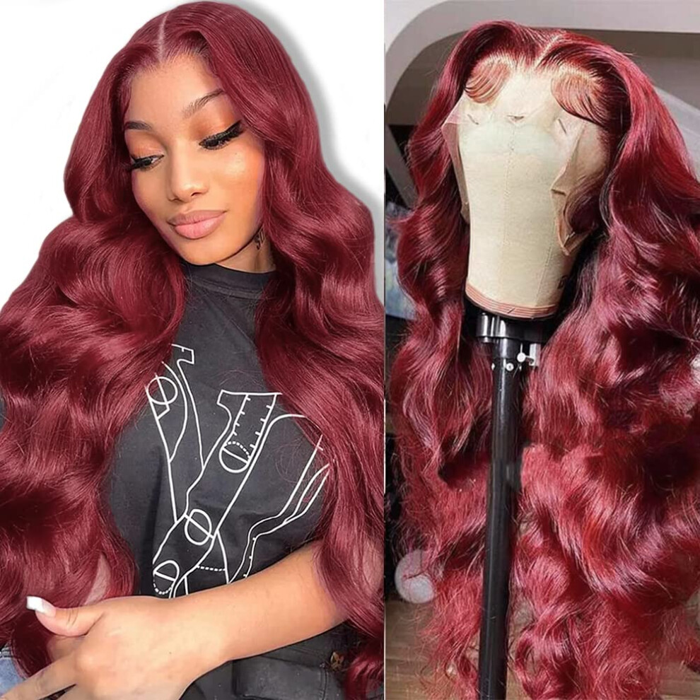 Unisex Red Burgundy Lace Front Wig 99J Human Hair 13X4 Hd Transparent Lace Glueless Pre Plucked 18Inch
