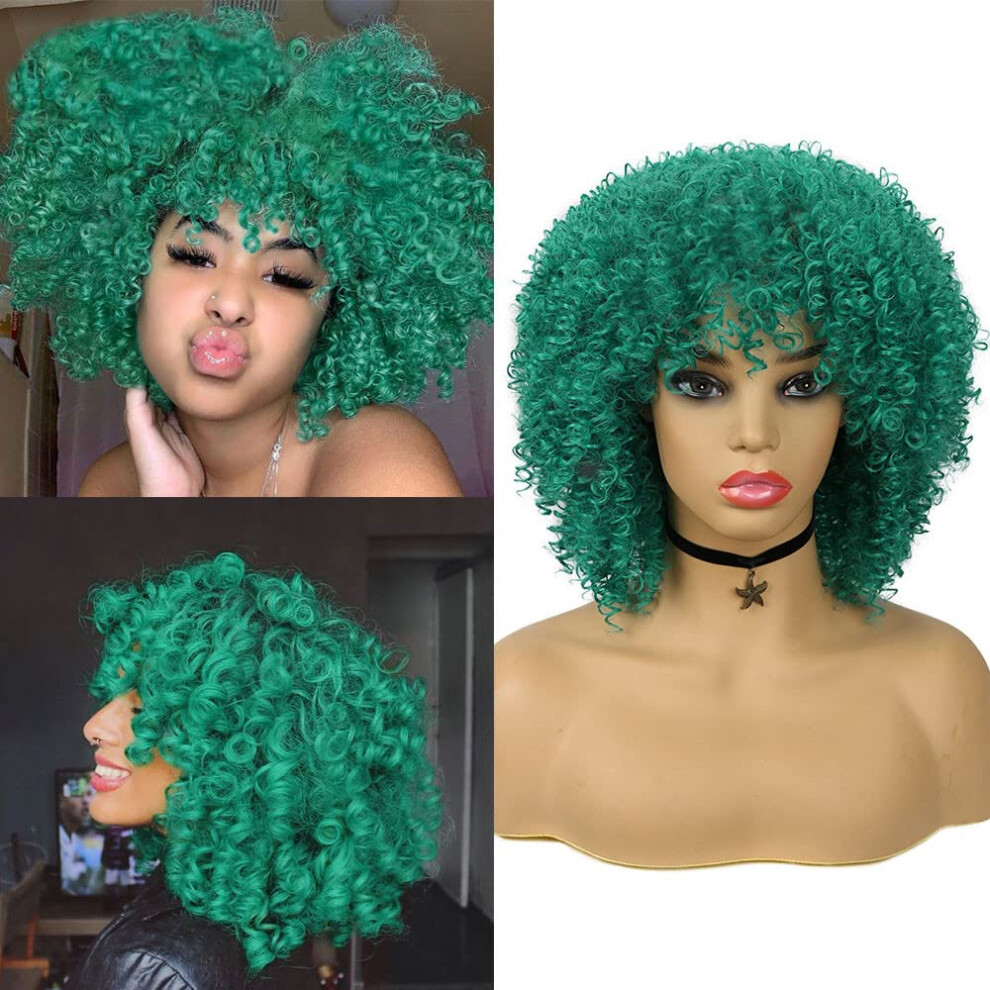Unisex Green,Black Afro Kinky Curly Wig For Black Women Heat Resistant Synthetic Glueless Short Green Wig