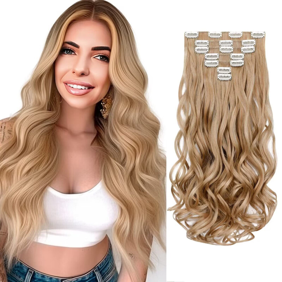 18 Inch Blonde Clip in Hair Extensions for Women, Wavy Heat Resistant Synthetic Hairpieces