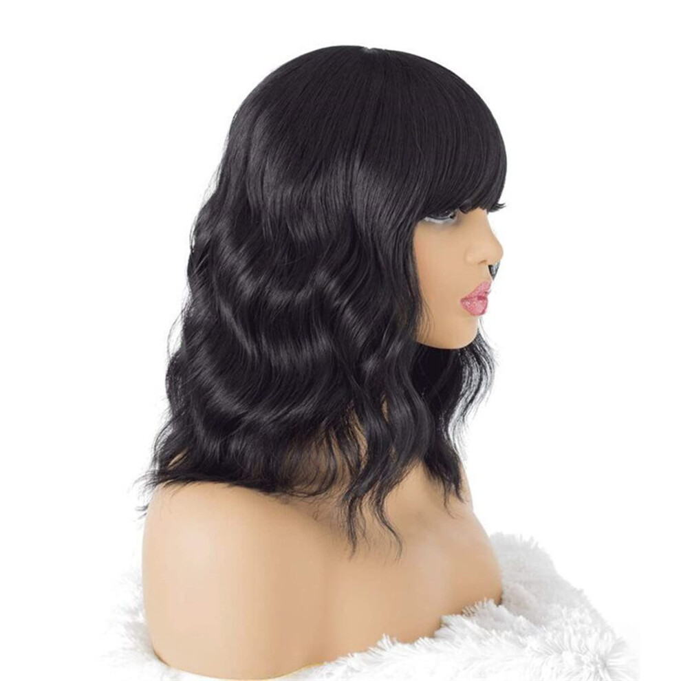 Black Human Hair Wig with Air Bangs, Small Wave Black Wig for Women, Party and Cosplay
