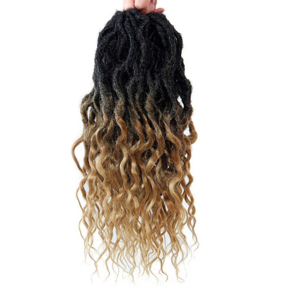 Unisex Black Faux Locs Crochet Hair 16 Inch Prelooped Goddess Locs 3 Tone Wavy Dreadlocks With Curly Ends For Women