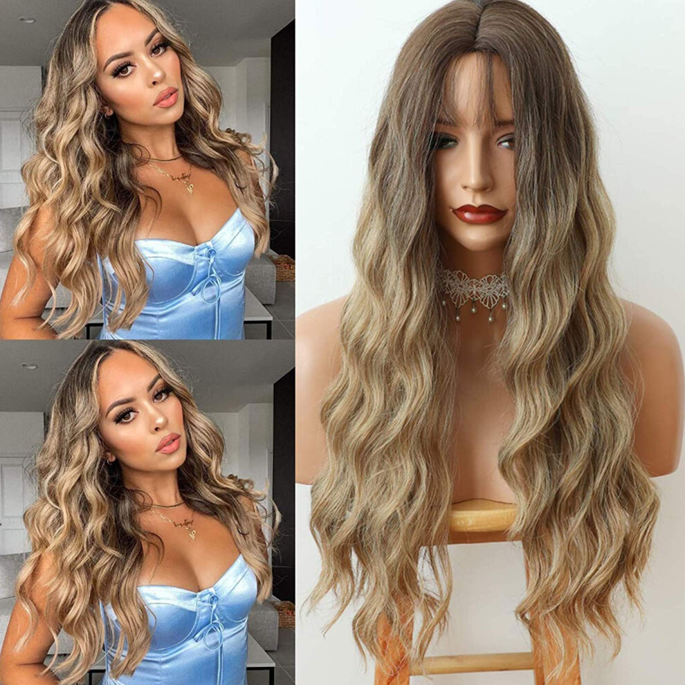 Unisex Brown Long Loose Wave Ombre Synthetic Wig For Women, HeatâResistant Fiber With Full Bangs