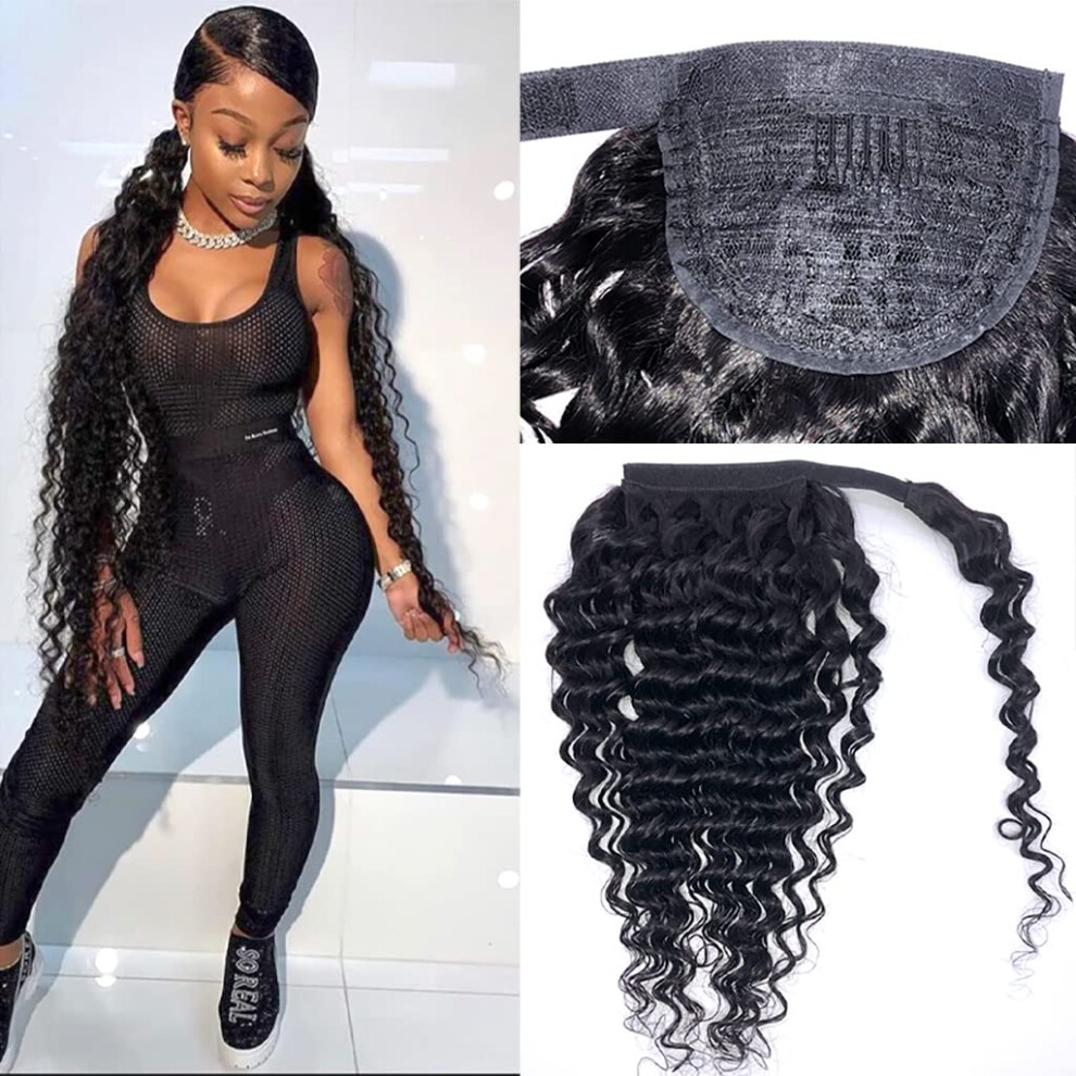 Unisex Black Deep Wave Human Hair Ponytail Extension 16Inch Natural #1B Remy Hair Drawstring Style For Women