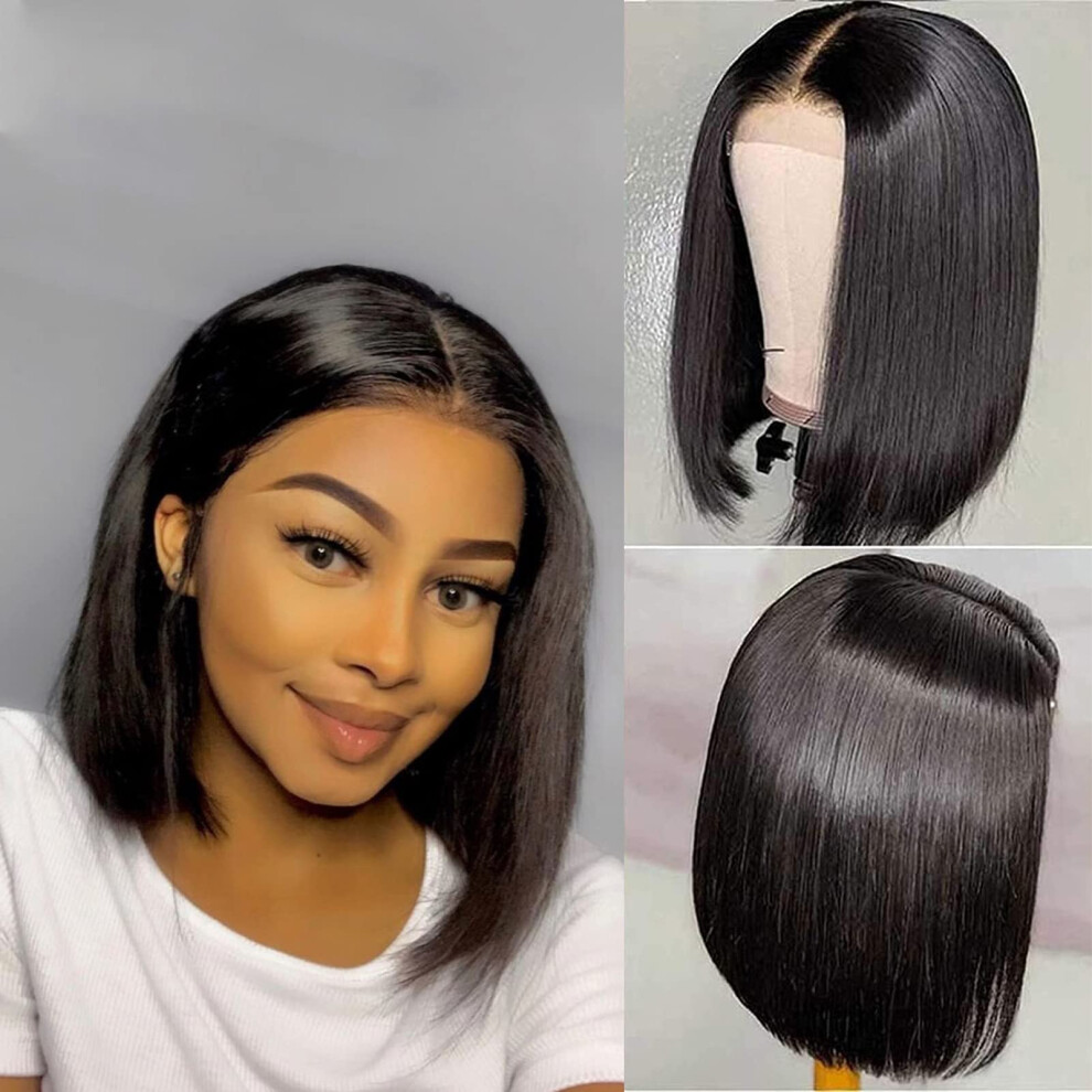 13x6 Lace Front Bob Wig Human Hair Brazilian Straight 150% Density Natural Hairline 12 Inch