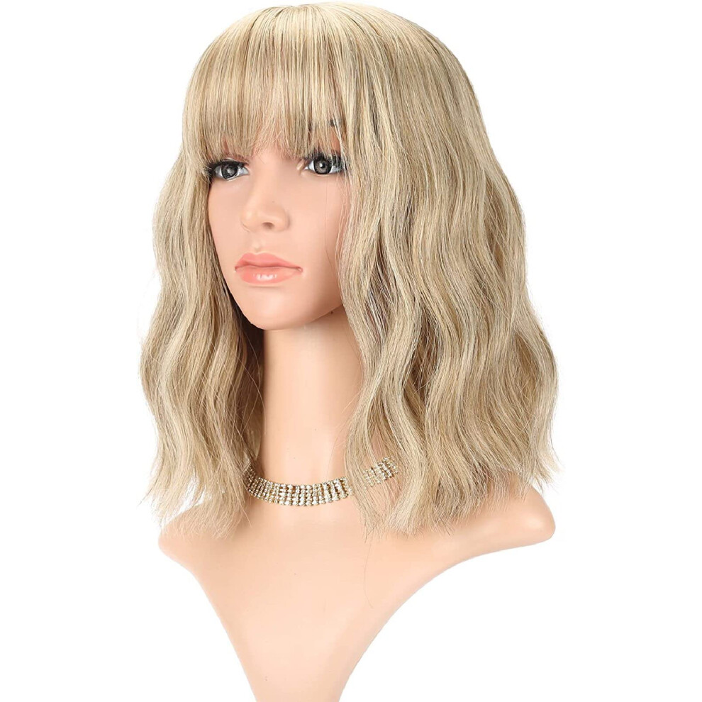Loose Wave Blonde Bob Wig with Bangs, Short Curly Synthetic Shoulder Length Wig for Women, Natural Look Fibers