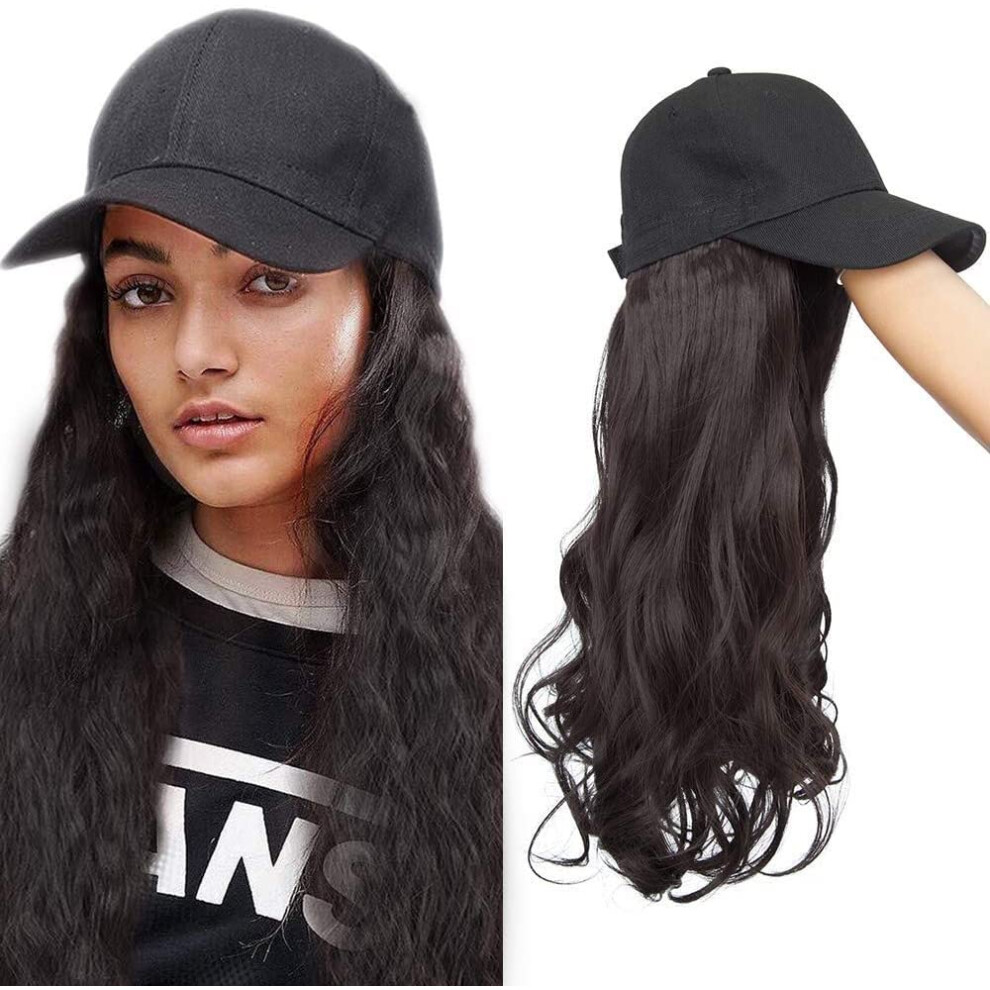 Baseball Cap Wig with 16 Inch Dark Brown Wavy Synthetic Hair Extensions Adjustable Fit