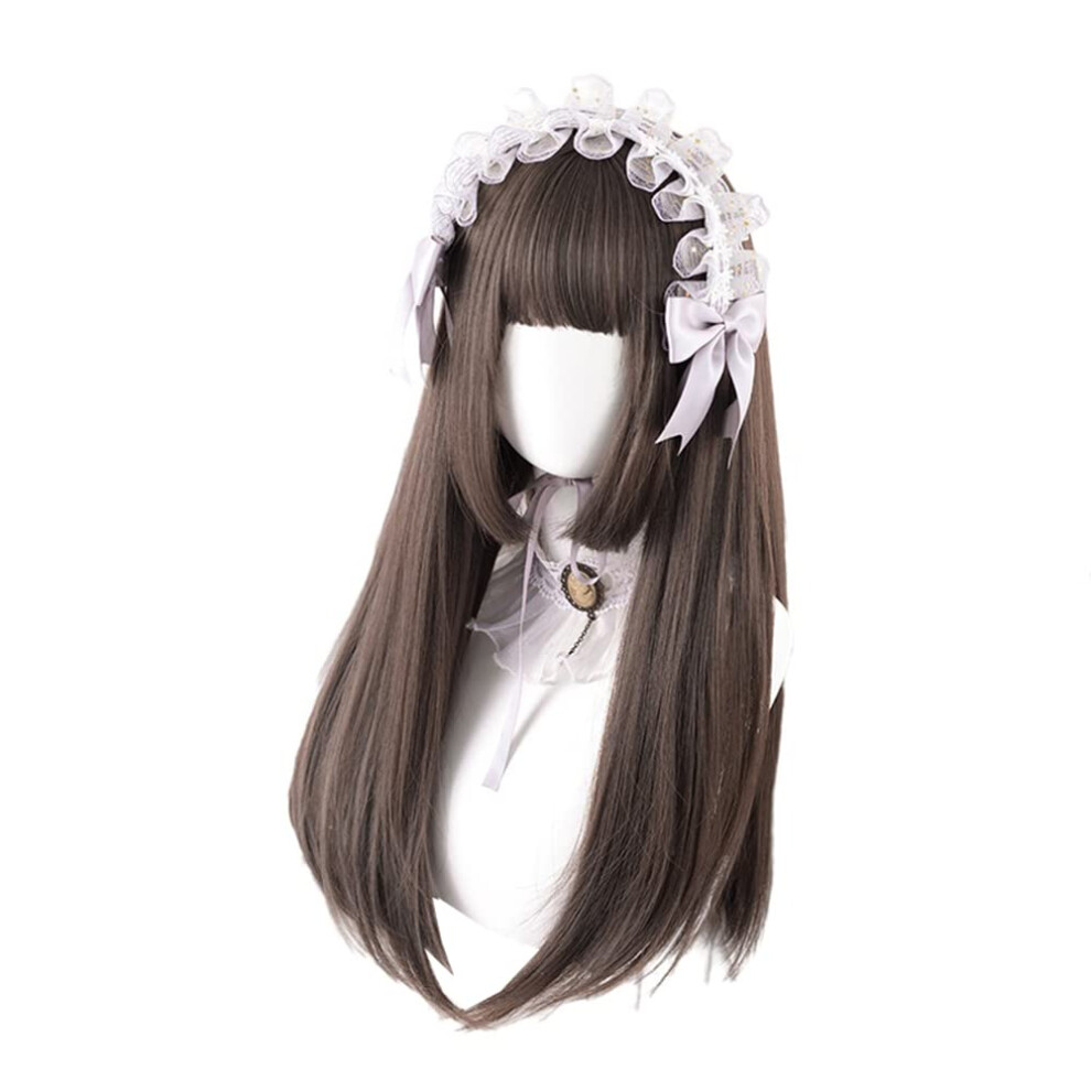 Synthetic Long Brown Wig with Bangs, Heat Resistant Cosplay Hair, Japanese Lolita Style 60cm