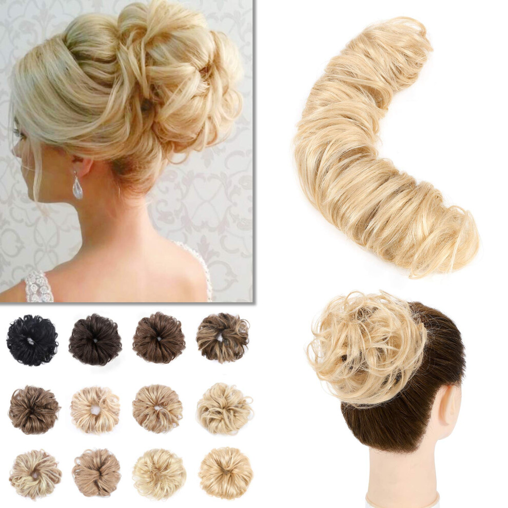 Blonde Human Hair Bun Extension for Women, Messy Remy Ponytail Scrunchie Updo with Natural Soft Texture