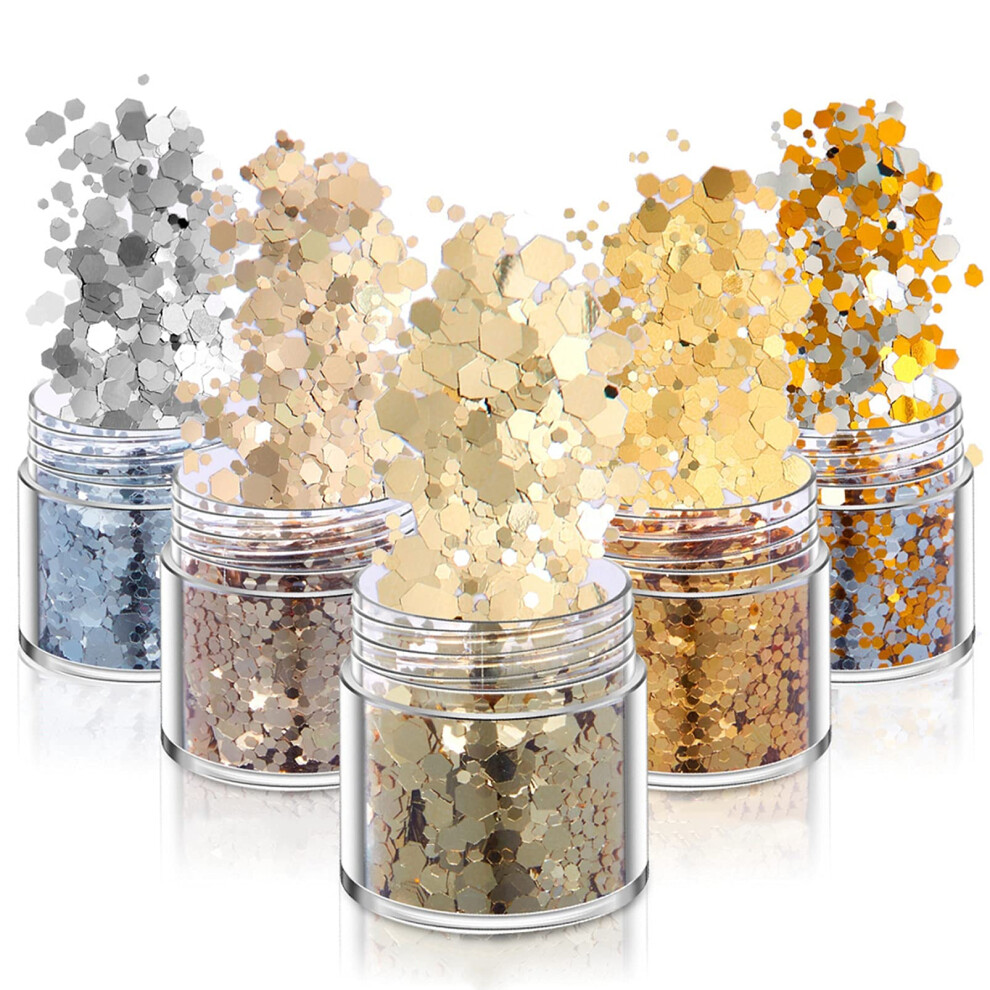 Gold/Silver Champagne And Nail Glitter Set Multisize Hexagonal Flakes 1Mm 2Mm 3Mm For Gel And Acrylic Nails