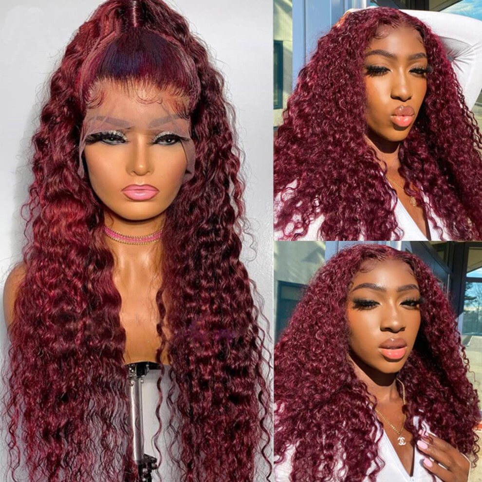 Unisex Black,Red 99J Burgundy Curly Human Hair Lace Front Wig For Black Women, 13X4 Hd Transparent Lace, 150% Density, Pre Plucked Hairline, 18 Inch