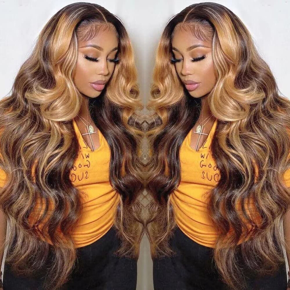 HD Lace Front Wig 13x6 Ombre Highlight 4/27 Human Hair Brazilian Body Wave 180% Density Natural Hairline 32inch