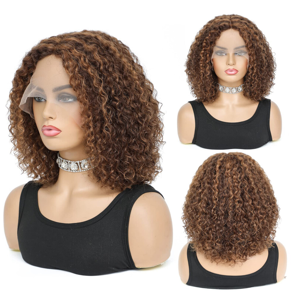 Unisex Human Hair Lace Front Wig Ombre Highlight Curly Bob Pre Plucked Brazilian Virgin Hair 12 Inch