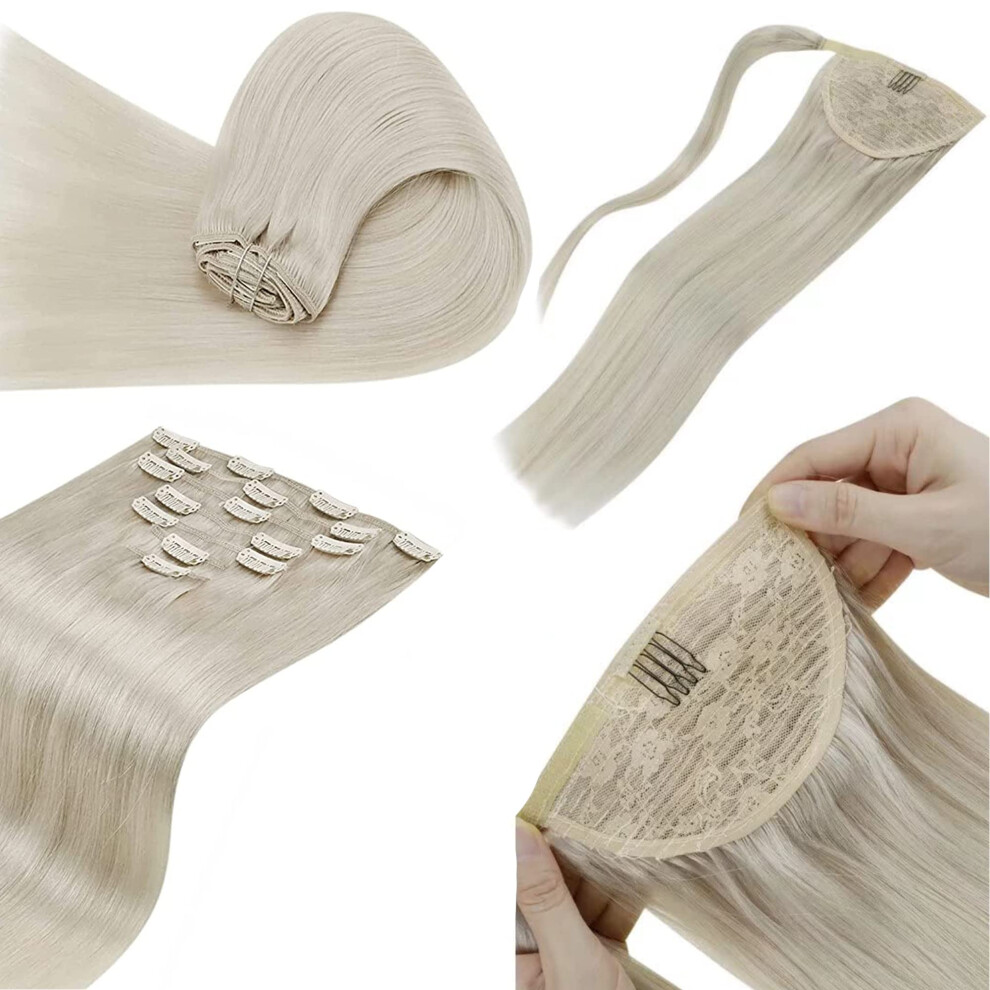 Unisex Silver Platinum Blonde Clip In Human Hair Extensions 20 Inch Double Weft 7Pcs Remy Hair For Instant Volume And Natural Blend