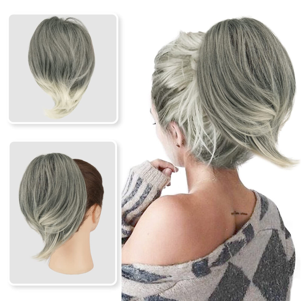 Unisex White Salt And Pepper Messy Hair Bun Extension With Short Curly Straight Style For Women, Elastic Scrunchie