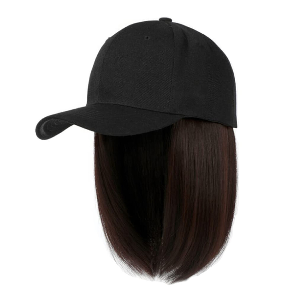 Baseball Cap Wig with Short Bob Hair, Adjustable Fit, Black Hat with Dark Brown Synthetic Fiber