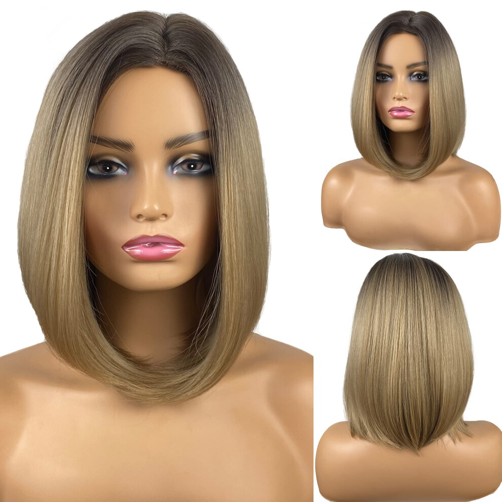 Unisex Dark Ash Blonde Shoulder Length Bob Wig With Roots, Straight Synthetic Wig For Women, Natural Ombre Look, 14 Inch