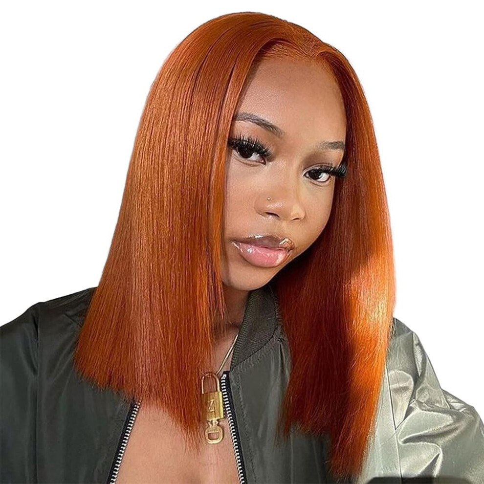 Unisex Orange Ginger Human Hair Bob Wig 13X4 Hd Lace Front, 150 Density Brazilian Straight Pre Plucked Natural Hairline 16 Inch