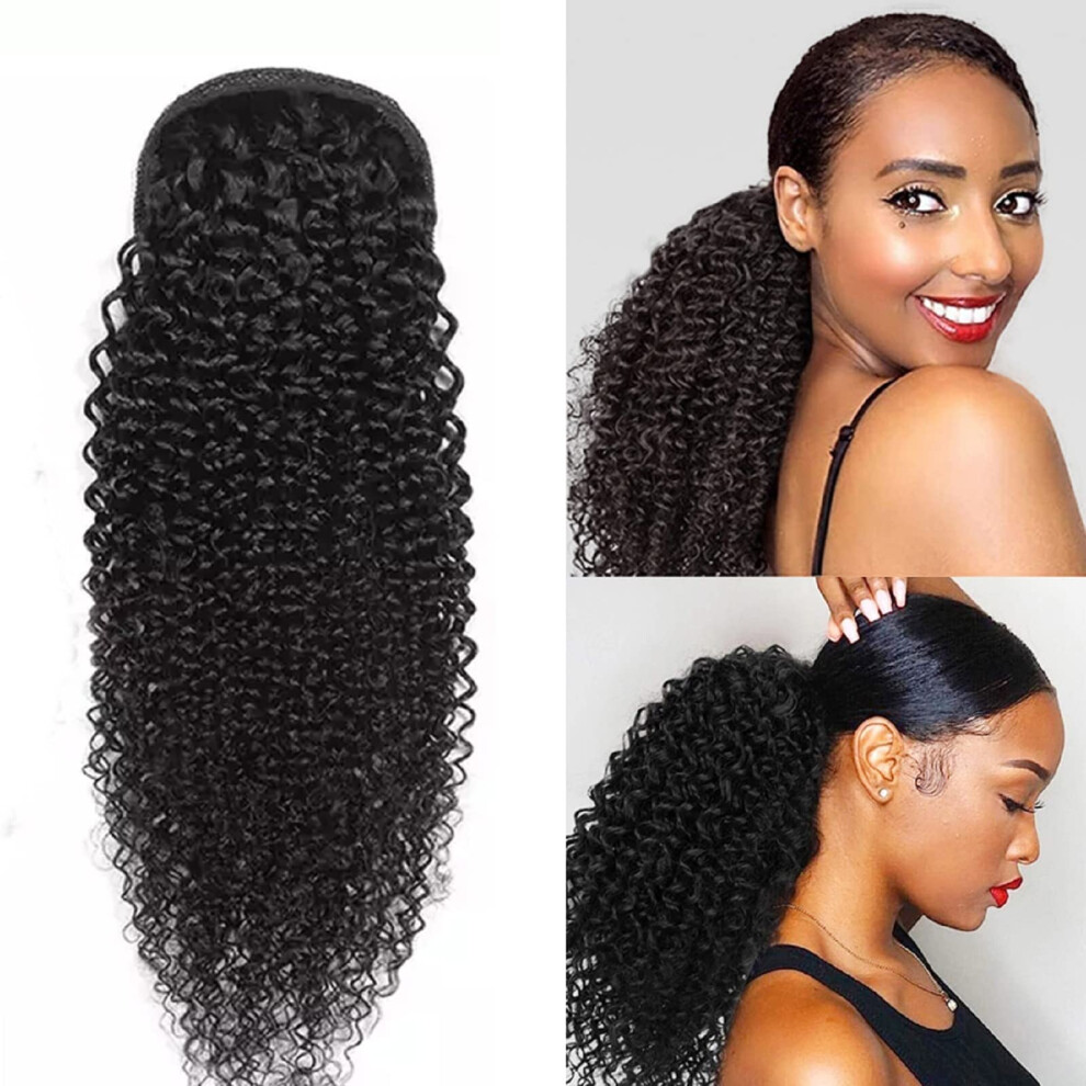Unisex Black Brazilian Kinky Curly Human Hair Ponytail Extension 24 Inch Natural Drawstring For Instant Volume Boost