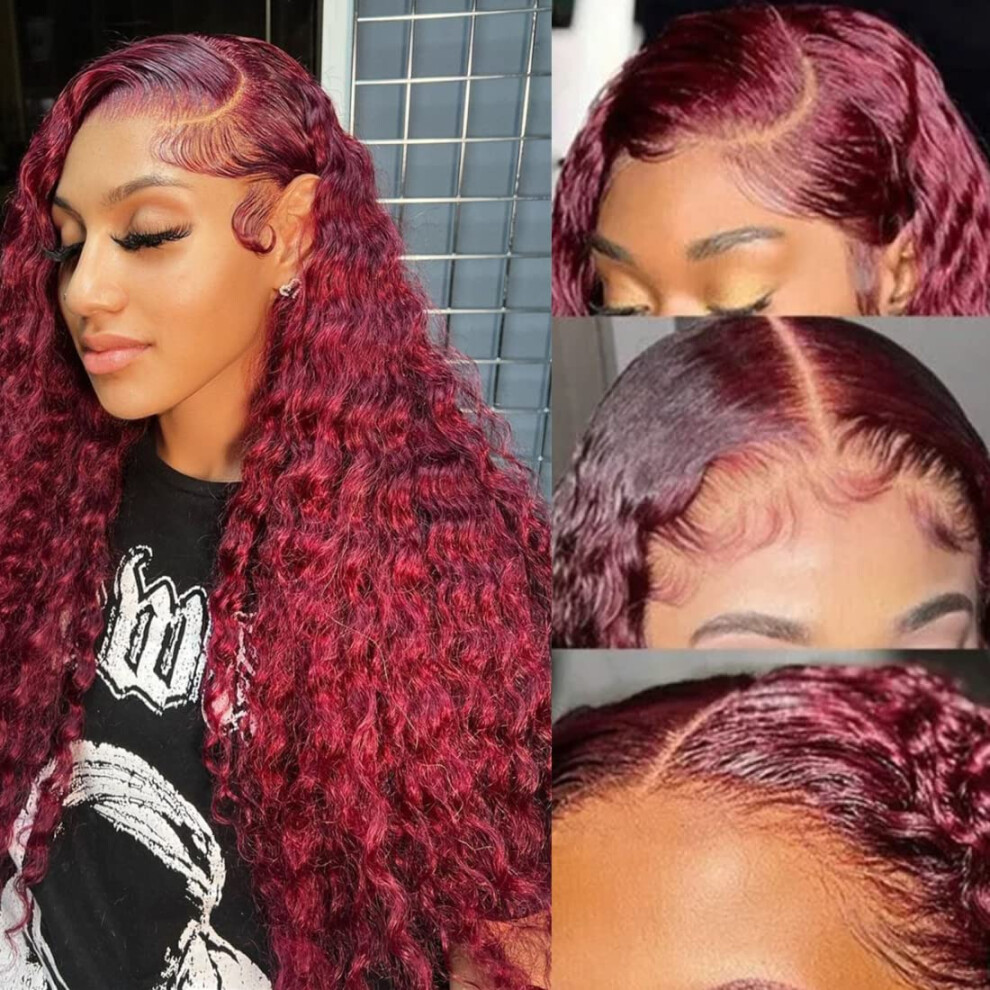 Unisex Red 99J Burgundy Jerry Curly Human Hair Lace Front Wig For Women Pre Plucked T Part Virgin Brazilian Wig