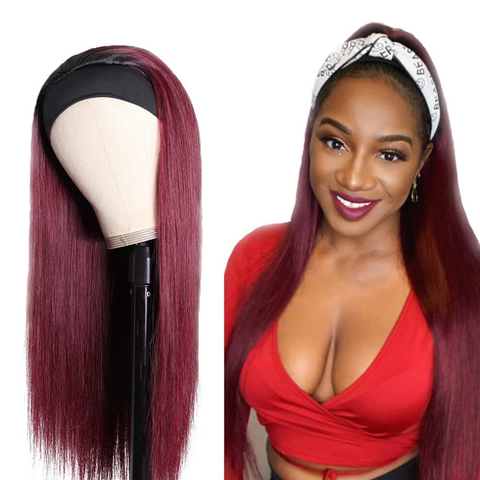 Unisex Red 20 Inch Burgundy Ombre Headband Wig Human Hair, 150 Density Brazilian Remy, Glue Wear