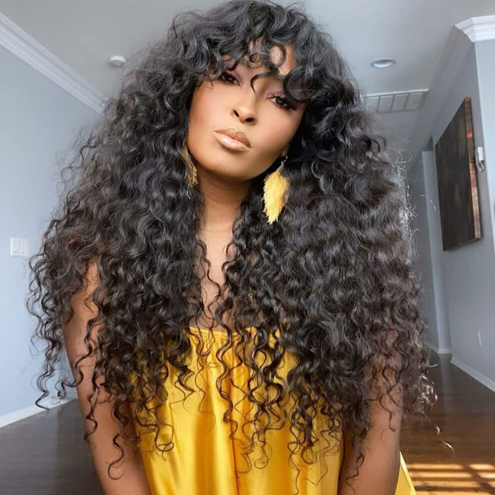 Unisex Black 18 Inch Brazilian Curly Human Hair Wig With Bangs Glueless O Scalp Design 180 Density For Women