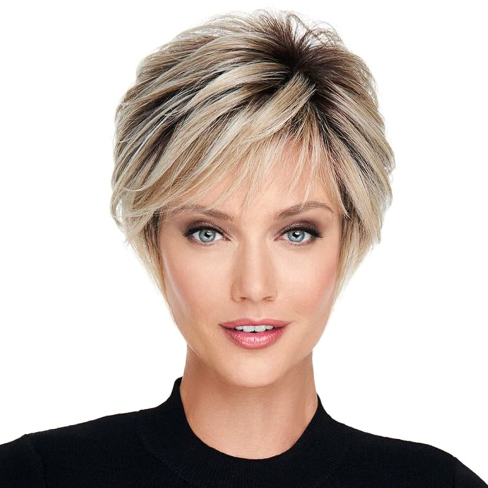 Unisex Short Pixie Cut Wig With Bangs Blonde Ombre Layered Synthetic Wig For Women Natural Shaggy Texture