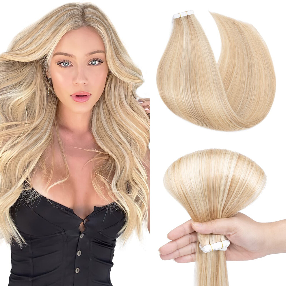 Unisex Ash Blonde Mix Bleach Blonde Tape In Hair Extensions 20 Inch Remy Human Hair Seamless Natural Blend For Women