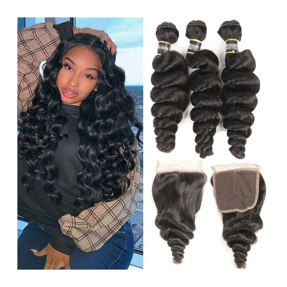 Unisex Brazilian Loose Wave Human Hair Bundles With 4X4 Lace Closure Virgin Remy Extensions Natural Color