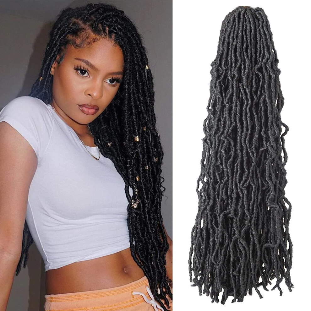 Unisex Black 24 Inch Faux Locs Crochet Hair For Women, Prelooped Goddess Locs With Curly Ends