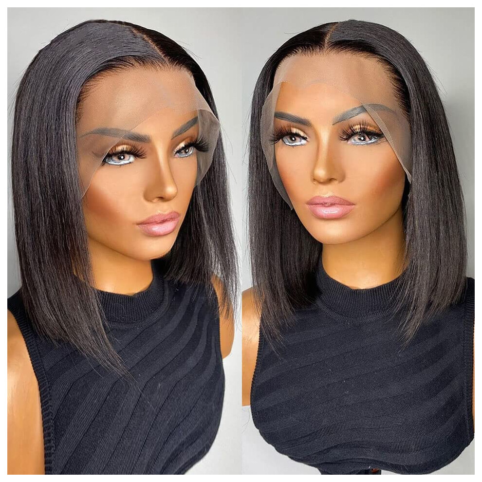 Unisex Black Human Hair Lace Front Bob Wig With Bangs 13X4 Brazilian Short 150 Density Seamless Hairline