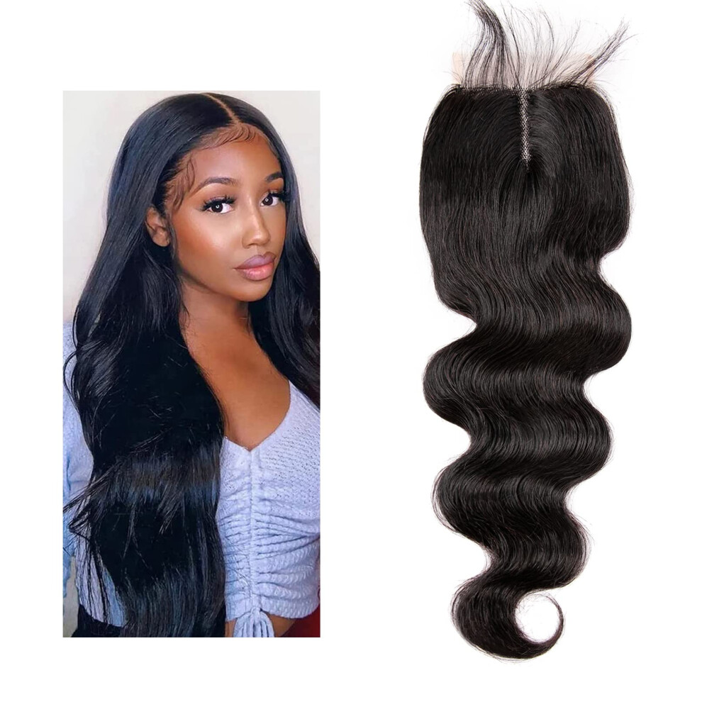 Unisex Brazilian Body Wave Closure 4X4 T Part 100% Remy Human Hair Swiss Lace For Sew In Natural Scalp Look 20 Inch