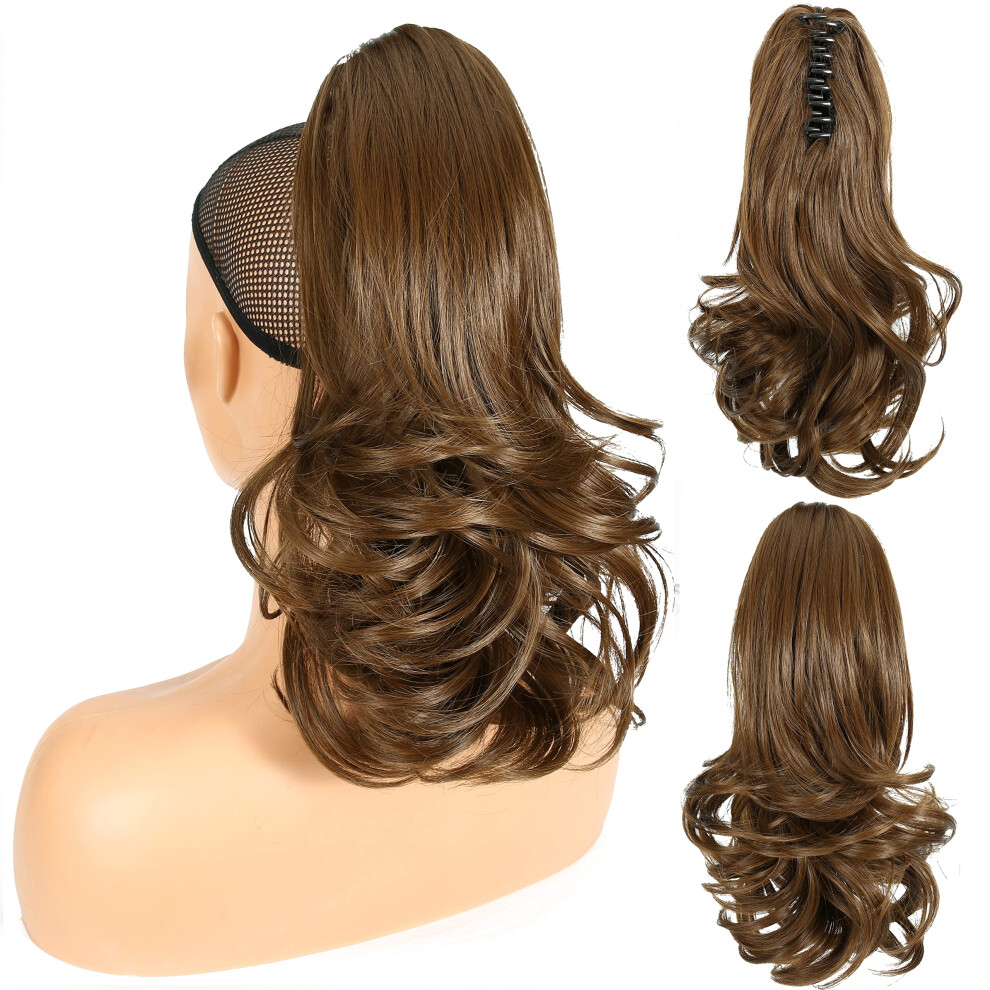 Unisex Brown 14 Inch Claw Clip Ponytail Extension, Synthetic Curly Hairpiece For Women, HeatâResistant Natural Wavy Style, Medium Golden