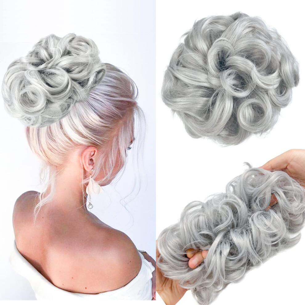 Messy Bun Hair Piece Silver Gray Curly Hair Bun Extension for Women Instant Volume Boost Natural Look