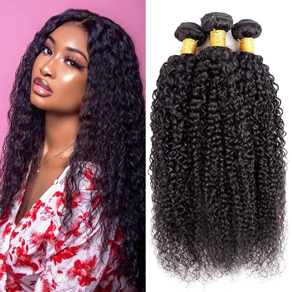 Unisex Black 3 Bundles Brazilian Kinky Curly Human Hair Extensions 16 Inch Natural 100% Virgin Remy Weave 8A Grade