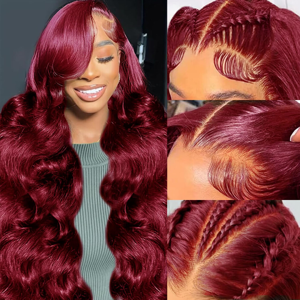 Unisex Red 99J Burgundy Lace Front Wig Human Hair 26 Inch Body Wave Hd 13X4 PreâPlucked Baby Hair Natural Hairline