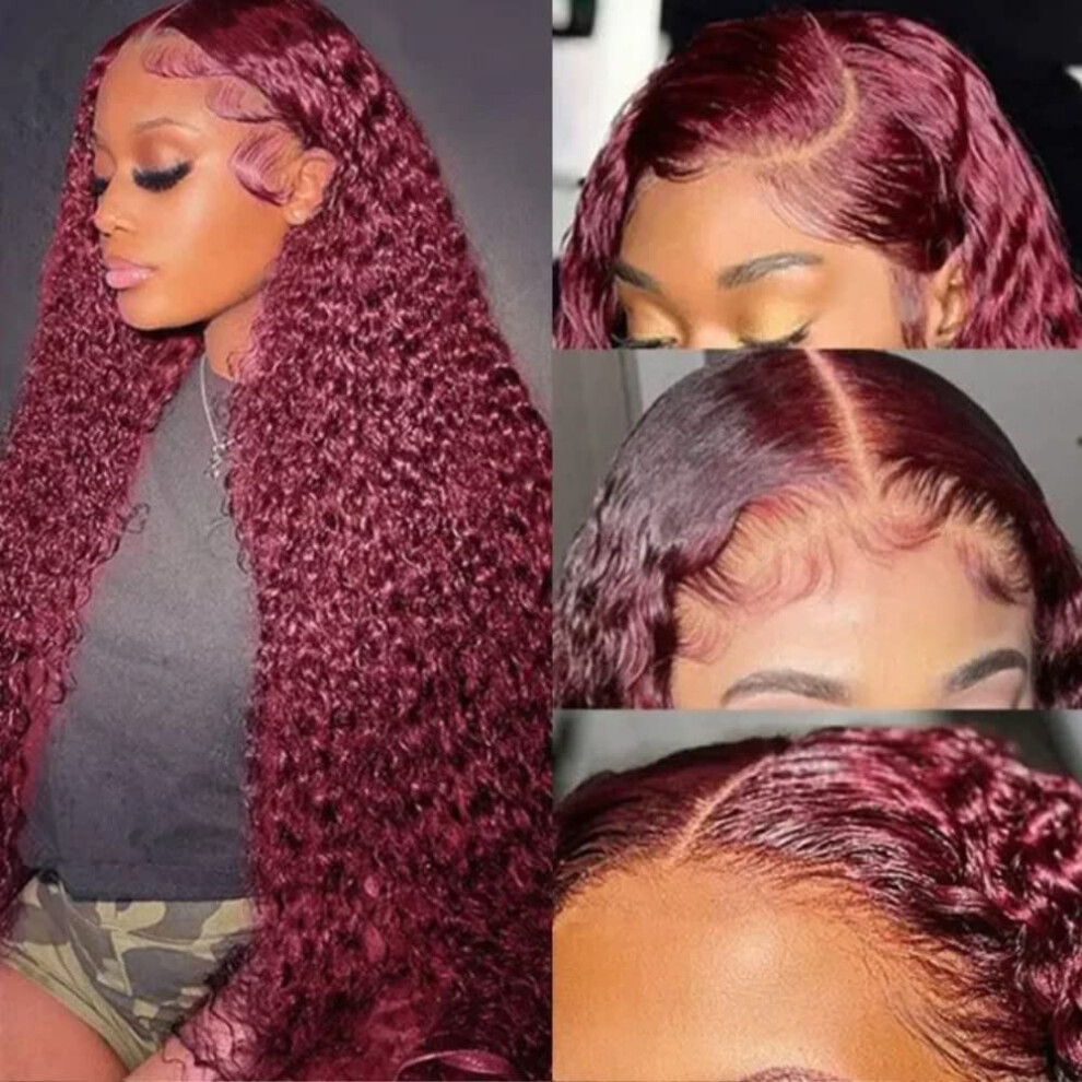 Unisex Black,Red 99J Burgundy Curly Lace Front Wig 4X4 Lace Closure Brazilian Virgin Human Hair PreâPlucked Natural Hairline Glueless 150% Density For Black Women
