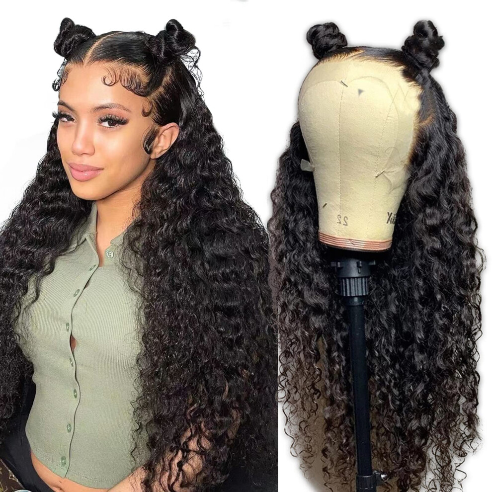 32 Inch Water Wave Human Hair Lace Front Wig 13x4 HD Transparent Lace Pre Plucked 220% Density Glueless for Black Women