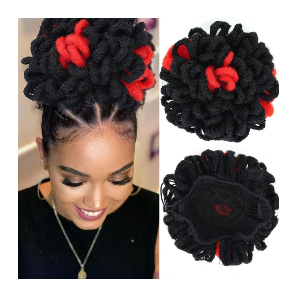Red Synthetic Dreadlock Bun Ponytail Hairpiece with Drawstring for Black Women, Heat Resistant