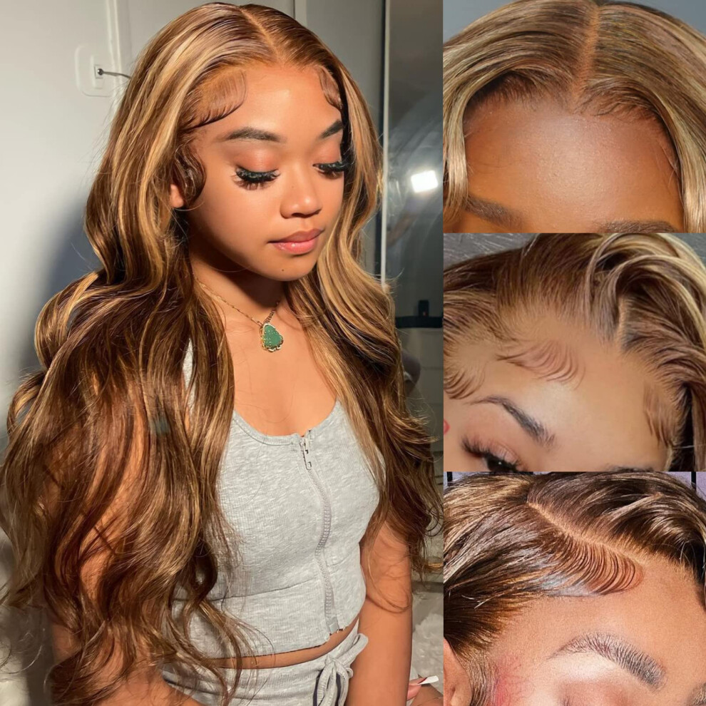 Unisex Highlight Honey Blonde Body Wave Lace Front Wig 22 Inch Pre Plucked Human Hair Brazilian Virgin