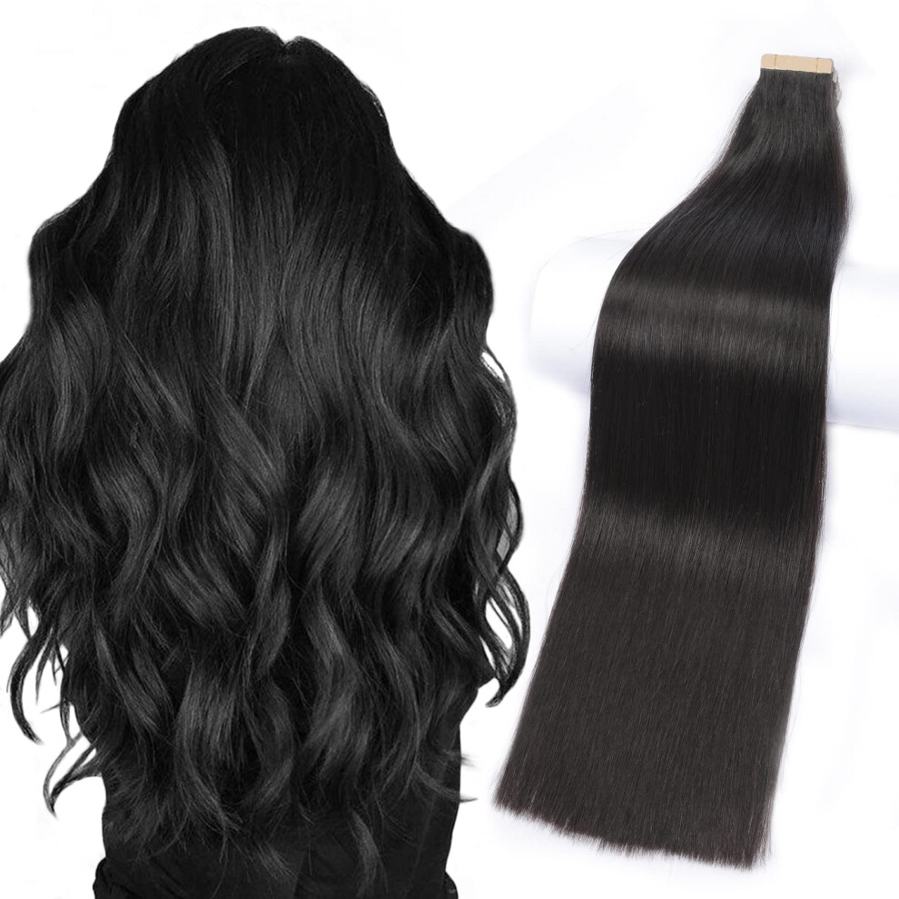 Tape In Human Hair Extensions 24 Inch Jet Black Seamless Skin Weft Adds Length and Volume